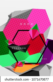 Cartel de composición geométrica en 3d de color. Ilustración vectorial de triángulos coloridos, pirámides, hexagones y otras formas sobre fondo gris