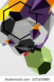 Color 3d geometric composition poster. Vector illustration of colorful triangles, pyramids, hexagons and other shapes on grey background
