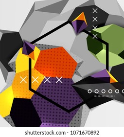 Farbe 3D geometrisches Kompositionsposter. Vektorgrafik von bunten Dreiecken, Pyramiden, Hexagons und anderen Formen auf grauem Hintergrund
