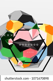 Color 3d geometric composition poster. Vector illustration of colorful triangles, pyramids, hexagons and other shapes on grey background