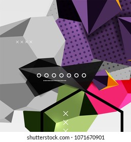 Color 3d geometric composition poster. Vector illustration of colorful triangles, pyramids, hexagons and other shapes on grey background