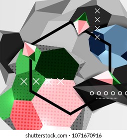 Cartel de composición geométrica en 3d de color. Ilustración vectorial de triángulos coloridos, pirámides, hexagones y otras formas sobre fondo gris