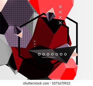 Color 3d geometric composition poster. Vector illustration of colorful triangles, pyramids, hexagons and other shapes on grey background