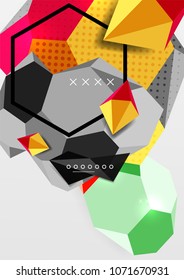 Color 3d geometric composition poster. Vector illustration of colorful triangles, pyramids, hexagons and other shapes on grey background