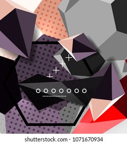 Color 3d geometric composition poster. Vector illustration of colorful triangles, pyramids, hexagons and other shapes on grey background