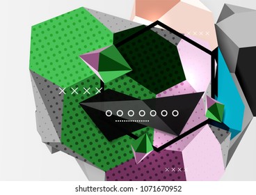 Cartel de composición geométrica en 3d de color. Ilustración vectorial de triángulos coloridos, pirámides, hexagones y otras formas sobre fondo gris