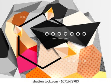 Cartel de composición geométrica en 3d de color. Ilustración vectorial de triángulos coloridos, pirámides, hexagones y otras formas sobre fondo gris