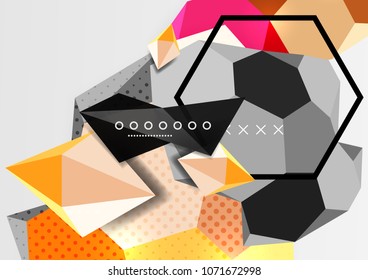 Cartel de composición geométrica en 3d de color. Ilustración vectorial de triángulos coloridos, pirámides, hexagones y otras formas sobre fondo gris