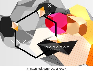 Color 3d geometric composition poster. Vector illustration of colorful triangles, pyramids, hexagons and other shapes on grey background