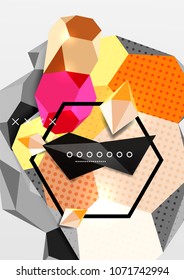 Cartel de composición geométrica en 3d de color. Ilustración vectorial de triángulos coloridos, pirámides, hexagones y otras formas sobre fondo gris