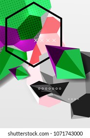 Color 3d geometric composition poster. Vector illustration of colorful triangles, pyramids, hexagons and other shapes on grey background