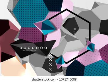 Cartel de composición geométrica en 3d de color. Ilustración vectorial de triángulos coloridos, pirámides, hexagones y otras formas sobre fondo gris