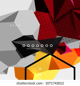 Color 3d geometric composition poster. Vector illustration of colorful triangles, pyramids, hexagons and other shapes on grey background