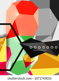 Farbe 3D geometrisches Kompositionsposter. Vektorgrafik von bunten Dreiecken, Pyramiden, Hexagons und anderen Formen auf grauem Hintergrund