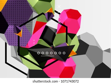 Color 3d geometric composition poster. Vector illustration of colorful triangles, pyramids, hexagons and other shapes on grey background