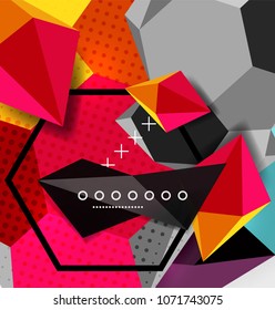 Cartel de composición geométrica en 3d de color. Ilustración vectorial de triángulos coloridos, pirámides, hexagones y otras formas sobre fondo gris