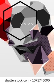 Cartel de composición geométrica en 3d de color. Ilustración vectorial de triángulos coloridos, pirámides, hexagones y otras formas sobre fondo gris