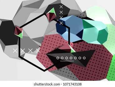 Cartaz de composição geométrica 3d colorido. Ilustração vetorial de triângulos coloridos, pirâmides, hexágonos e outras formas sobre fundo cinza