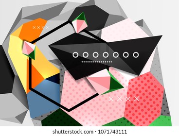 Color 3d geometric composition poster. Vector illustration of colorful triangles, pyramids, hexagons and other shapes on grey background
