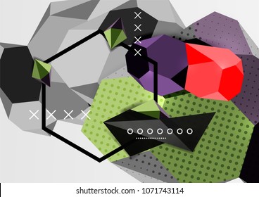 Color 3d geometric composition poster. Vector illustration of colorful triangles, pyramids, hexagons and other shapes on grey background