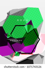 Color 3d geometric composition poster. Vector illustration of colorful triangles, pyramids, hexagons and other shapes on grey background