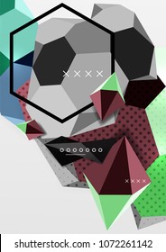 Cartel de composición geométrica en 3d de color. Ilustración vectorial de triángulos coloridos, pirámides, hexagones y otras formas sobre fondo gris