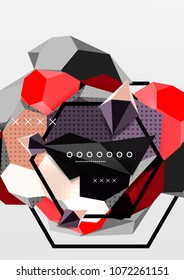 Color 3d geometric composition poster. Vector illustration of colorful triangles, pyramids, hexagons and other shapes on grey background