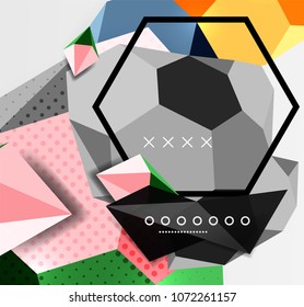 Color 3d geometric composition poster. Vector illustration of colorful triangles, pyramids, hexagons and other shapes on grey background