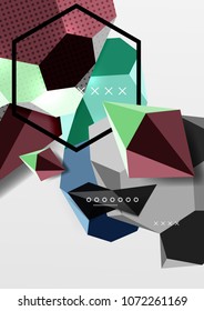 Color 3d geometric composition poster. Vector illustration of colorful triangles, pyramids, hexagons and other shapes on grey background