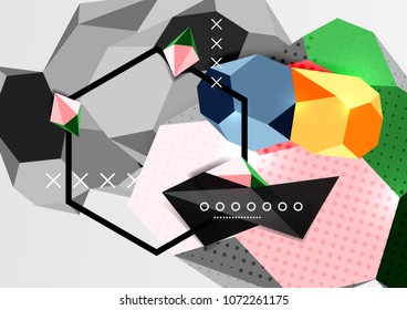 Farbe 3D geometrisches Kompositionsposter. Vektorgrafik von bunten Dreiecken, Pyramiden, Hexagons und anderen Formen auf grauem Hintergrund
