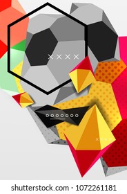Cartel de composición geométrica en 3d de color. Ilustración vectorial de triángulos coloridos, pirámides, hexagones y otras formas sobre fondo gris