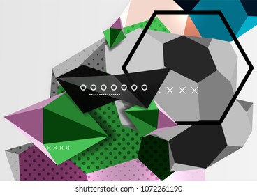Cartel de composición geométrica en 3d de color. Ilustración vectorial de triángulos coloridos, pirámides, hexagones y otras formas sobre fondo gris