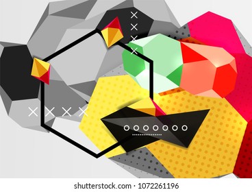 Color 3d geometric composition poster. Vector illustration of colorful triangles, pyramids, hexagons and other shapes on grey background