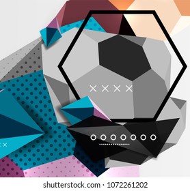 Color 3d geometric composition poster. Vector illustration of colorful triangles, pyramids, hexagons and other shapes on grey background