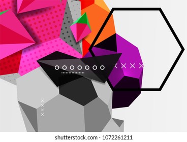 Color 3d geometric composition poster. Vector illustration of colorful triangles, pyramids, hexagons and other shapes on grey background