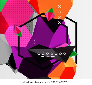 Color 3d geometric composition poster. Vector illustration of colorful triangles, pyramids, hexagons and other shapes on grey background