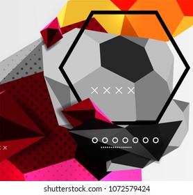 Color 3d geometric composition poster. Vector illustration of colorful triangles, pyramids, hexagons and other shapes on grey background