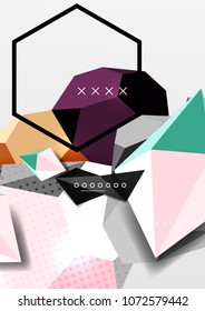 Cartel de composición geométrica en 3d de color. Ilustración vectorial de triángulos coloridos, pirámides, hexagones y otras formas sobre fondo gris