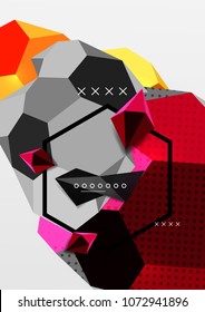 Cartaz de composição geométrica 3d colorido. Ilustração vetorial de triângulos coloridos, pirâmides, hexágonos e outras formas sobre fundo cinza