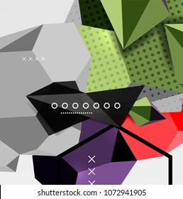 Color 3d geometric composition poster. Vector illustration of colorful triangles, pyramids, hexagons and other shapes on grey background