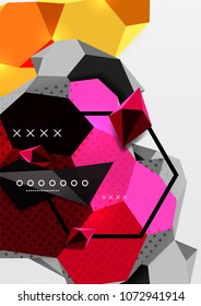 Color 3d geometric composition poster. Vector illustration of colorful triangles, pyramids, hexagons and other shapes on grey background
