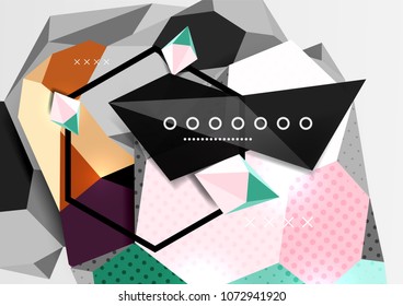 Color 3d geometric composition poster. Vector illustration of colorful triangles, pyramids, hexagons and other shapes on grey background