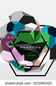 Color 3d geometric composition poster. Vector illustration of colorful triangles, pyramids, hexagons and other shapes on grey background