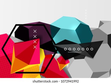 Farbe 3D geometrisches Kompositionsposter. Vektorgrafik von bunten Dreiecken, Pyramiden, Hexagons und anderen Formen auf grauem Hintergrund
