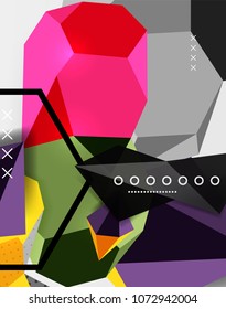 Color 3d geometric composition poster. Vector illustration of colorful triangles, pyramids, hexagons and other shapes on grey background