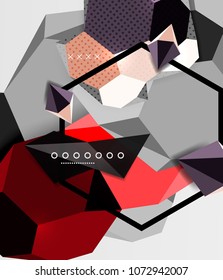 Color 3d geometric composition poster. Vector illustration of colorful triangles, pyramids, hexagons and other shapes on grey background