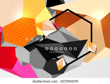 Color 3d geometric composition poster. Vector illustration of colorful triangles, pyramids, hexagons and other shapes on grey background