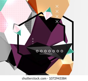 Cartel de composición geométrica en 3d de color. Ilustración vectorial de triángulos coloridos, pirámides, hexagones y otras formas sobre fondo gris