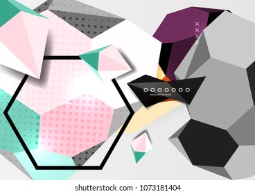 Farbe 3D geometrisches Kompositionsposter. Vektorgrafik von bunten Dreiecken, Pyramiden, Hexagons und anderen Formen auf grauem Hintergrund