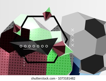 Color 3d geometric composition poster. Vector illustration of colorful triangles, pyramids, hexagons and other shapes on grey background